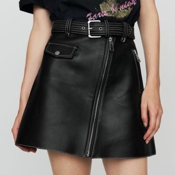 Nwts Maje Jouki Trapeze Black A-Line Belted Leather Mini Skirt (34) - Picture 1 of 15